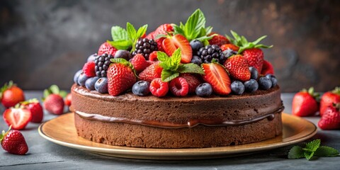 Chocolate cake topped with fresh summer berries , dessert, food, sweet, delicious, treat, pastry, celebration