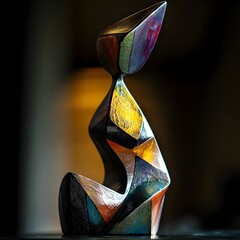 10. Abstract art toy figure with sharp angles and soft curves painted in metallic tones â€“ar 16:9