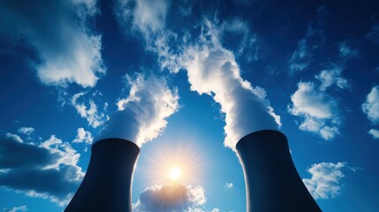 Wall Mural - Cooling towers emitting steam against a bright blue sky with fluffy clouds.