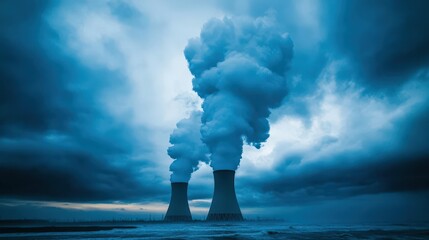 Wall Mural - Nuclear power plant cooling towers emitting steam against a dark, moody sky.