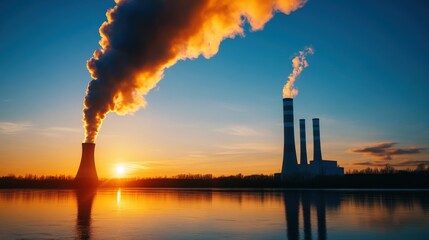 Canvas Print - Smoke billowing from cooling towers during a vibrant sunset over calm waters.