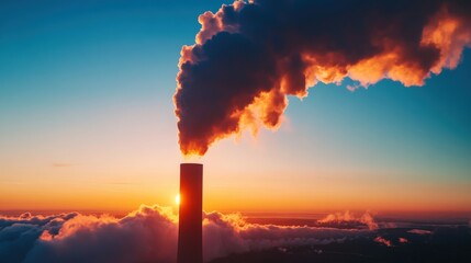 Smokestack emitting pollution at sunset, colorful sky, and dramatic cloud formations.