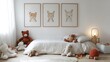 © HuynhThiThuy - A cozy children’s bedroom with framed artwork of cute animals on the wall, a soft rug on the floor, stuffed toys scattered around, warm light from a bedside lamp,
