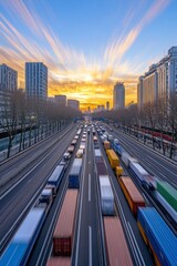 Poster - A busy urban highway filled with trucks during a vibrant sunset.