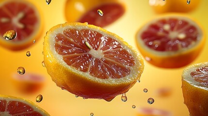 Wall Mural - A photograph of juicy lemon slices floating in mid-air, droplets of juice suspended between them, against a pastel yellow background. Soft lighting enhances the glossy texture of the lemons,