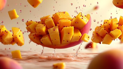 Wall Mural - A playful arrangement of floating mango and peach slices in mid-air, with droplets of juice and small chunks suspended around them, against a pastel cream background.