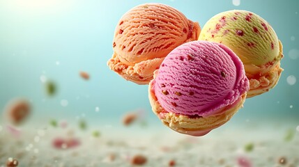 Wall Mural - A playful arrangement of three ice cream scoops in vibrant pastel colors, suspended in mid-air with slight rotation, set against a soft pastel blue background.