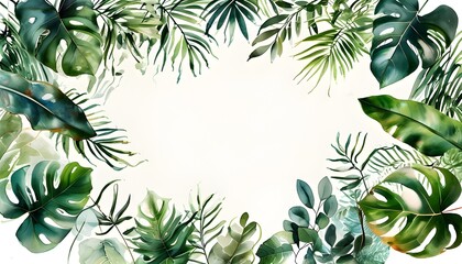 Wall Mural - Tropical leaves intricately framed in a soft watercolor design against a crisp white backdrop