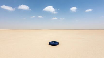 Poster - A solitary blue object rests on a vast, sandy landscape under a clear sky.