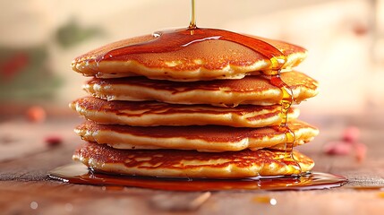 Wall Mural - A stack of fluffy pancakes floating in mid-air, with syrup drizzling down in suspended motion, set against a pastel cream background. The golden-brown pancakes are slightly separated to show light,