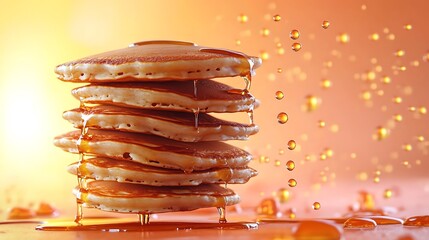 Wall Mural - A stack of pancakes hovering in mid-air, with syrup droplets frozen in motion around them, against a pastel orange background. Soft lighting adds depth and highlights the light,