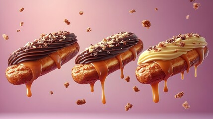 A trio of eclairs with chocolate, vanilla, and caramel frosting, levitating in mid-air with a few crumbs and frosting drips gently floating around them, isolated on a pastel purple background.