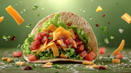 Wall Mural - A vibrant taco filled with lettuce, cheese, and salsa floating in mid-air, with some ingredients gently hovering around it, set against a soft pastel green background.