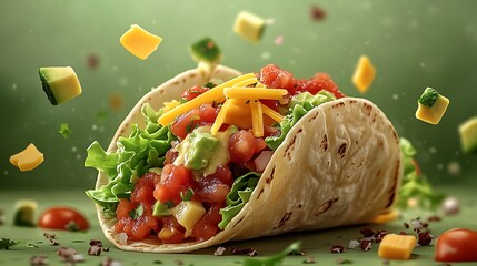 Wall Mural - A vibrant taco filled with lettuce, cheese, and salsa floating in mid-air, with some ingredients gently hovering around it, set against a soft pastel green background.