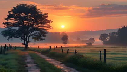 Tranquil Sunrise Over Lush Countryside Fields with Soft Morning Light