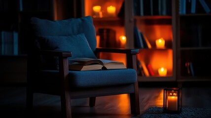 Wall Mural - A cozy armchair beside a warm glow from candles, set against a backdrop of bookshelves, creating a tranquil evening atmosphere.