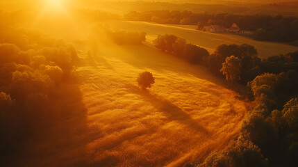 Aerial view of a rural landscape with fields of golden wheat, scattered trees, and a distant farmhouse under a vibrant sunset.