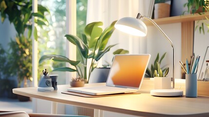 Poster - Modern Home Office Desk with Laptop and Lamp.