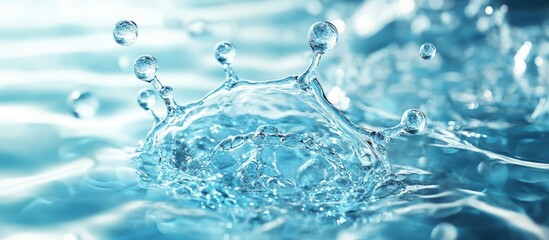 Wall Mural - A close-up of a water drop creating a crown-shaped splash in a blue water surface.