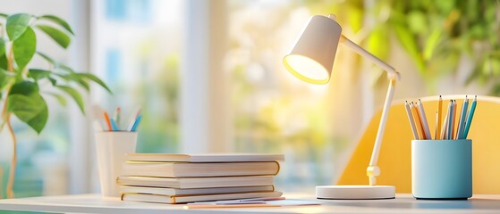 Poster - Desk with a Lamp, Books, and Pencils.