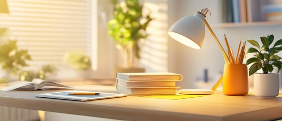 Sticker - Modern Home Office Desk with a Book Stack, Lamp, Pencil Holder, and Tablet.