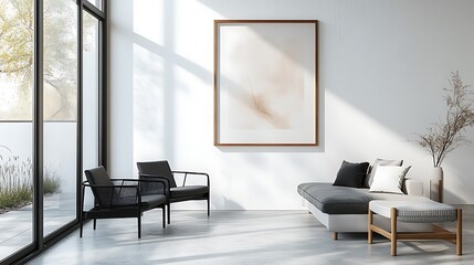 Wall Mural - A modern minimalist living room featuring a framed abstract artwork, white walls, black and gray furniture, polished concrete floors, natural light illuminating the space,