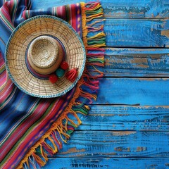 Cinco de Mayo Celebration: Mexican Serape Blanket, Sombrero, Maracas on Old Blue Wood Floor - Festive Vacation Photo