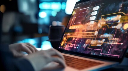 Programmer is working on a software development project late at night with abstract code displayed on their laptop screen