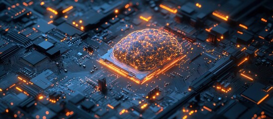 A digital brain sits on a circuit board glowing orange in the dark, the concept of AI.