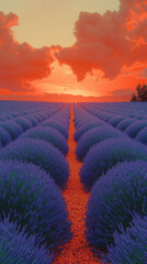 Sticker - Lavender field at sunset with a path leading to the horizon.