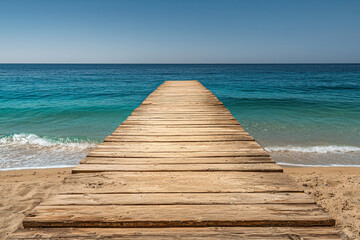 Wall Mural - A serene wooden pier extends into calm turquoise waters, inviting relaxation and contemplation on a sunny beach.