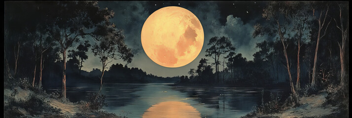 Wall Mural - Full moon over a tranquil lake surrounded by trees.