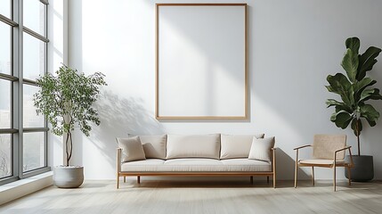 Wall Mural - A sleek, minimalist living room with a monochromatic palette, an oversized framed picture on a clean white wall, elegant furniture, bright natural light flooding in through large windows,