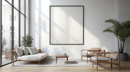 Wall Mural - A sleek, minimalist living room with a monochromatic palette, an oversized framed picture on a clean white wall, elegant furniture, bright natural light flooding in through large windows,