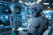 © Henry Saint John - Humanoid robot analyzing data on multiple screens in a futuristic workspace.
