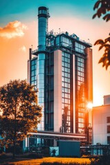 Wall Mural - A modern industrial building with a tall chimney, illuminated by sunset hues.