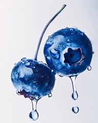 Two juicy blueberries dripping with water, a refreshing summer treat.