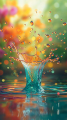 Poster - Water drop splash with colorful bokeh background.