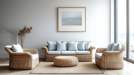 Wall Mural - A spacious beach house living room with a coastal-themed framed artwork, wicker furniture with soft blue cushions, natural wood flooring, large windows allowing sunlight and ocean views,