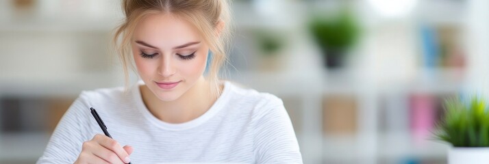 woman studying at desk with blur reading room background