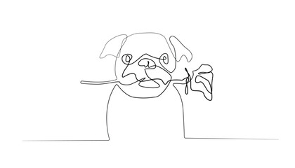 continuous line drawing.dog biting a flower.dog carrying a rose.single line vector illustration.isolated white background