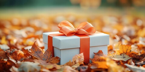 Canvas Print - Idyllic Gift Box with Orange Ribbon in Autumn Setting