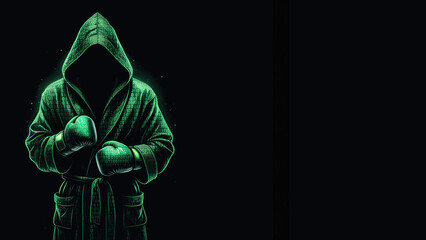 Hooded boxing figure with neon green binary code on black background with copy space.