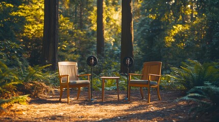 Minimalist outdoor podcast studio, two simple wooden chairs with wireless mics, surrounded by tall trees and warm natural sunlight, earthy and inviting