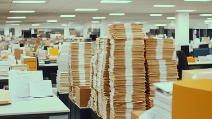 The Paper Mountain: A stark, industrial office space overwhelmed by towering stacks of cardboard boxes, symbolizing the overwhelming workload and pressure of a fast-paced business environment. 