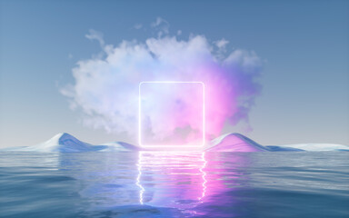 Cloud with glowing neon lines and water surface, 3d rendering.