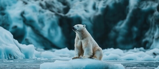 A polar bear sits on an iceberg in a glacial landscape.