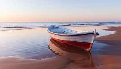 Wall Mural - A serene beach scene featuring a small boat resting on the sand with gentle waves lapping at the shore during sunset.