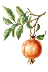 Wall Mural - A single ripe pomegranate hangs from a branch, ready for harvest.