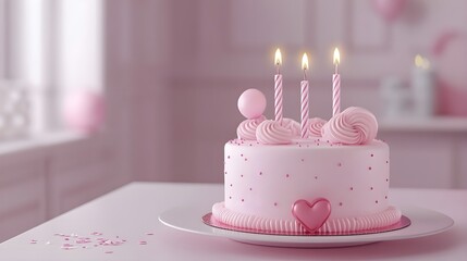  a pink birthday cake on a white plate. The cake is decorated with pink frosting and has three lit candles on top. The frosting is piped in a swirl pattern, and there are two round decorations on top 